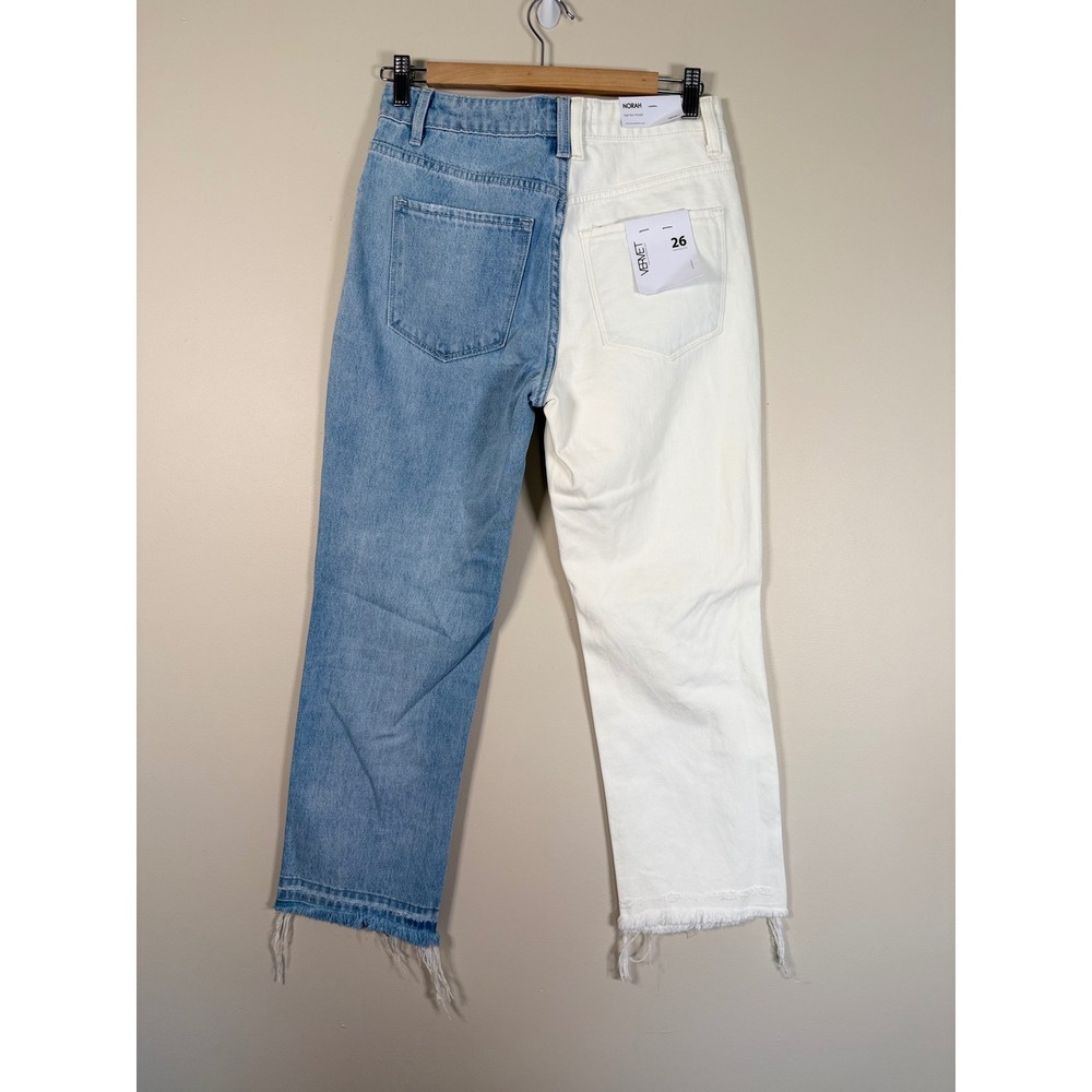 Vervet Norah Two Tone High Rise Straight Jeans White Blue Distressed 26 NEW - Picture 5 of 11